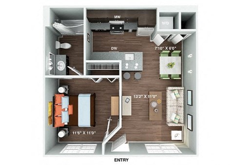 Floor plan for 1 bed, 1 bath, 499 sqft